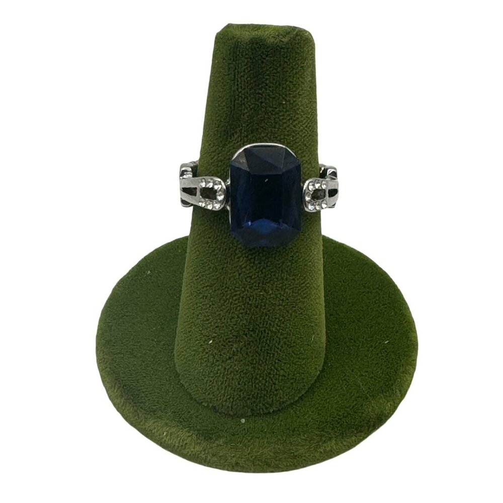 Stunning Silver-Plated Ring With Large Blue Stone & Rhinestones Stretch Adj